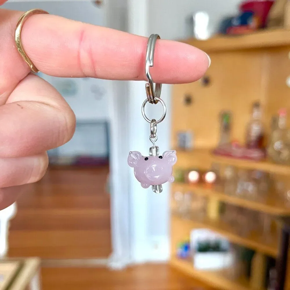Glass Pink Pig Charm Key Chain